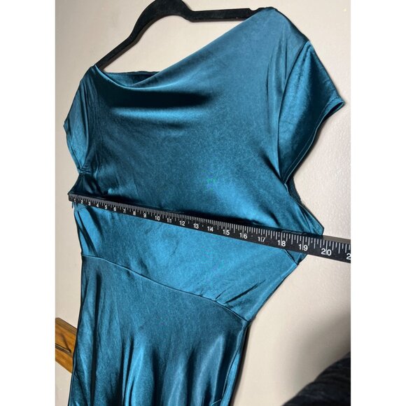 Teal Satin Dress Cap Sleeve Cowl Midi Maxi Formal Party Occasion Glam Womens L - Picture 4 of 13